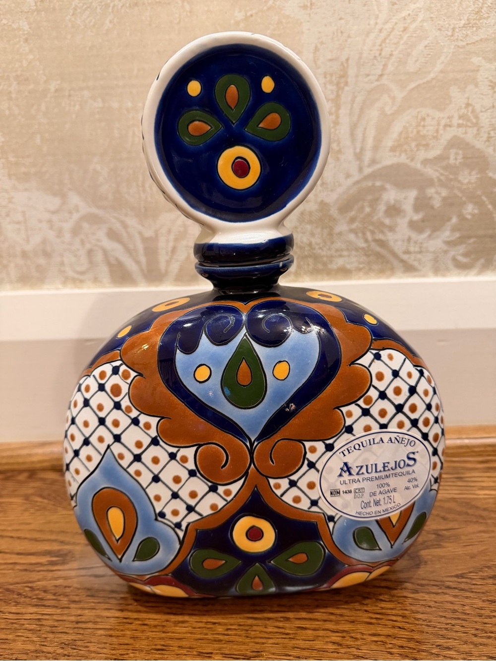 Azulejos Hand-Painted Blue Ceramic Tequila Añejo Bottle